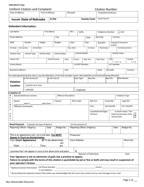 Form CH6ART14APP5M Uniform Citation and Complaint - Non-waiverable - Defendant's Copy - Nebraska