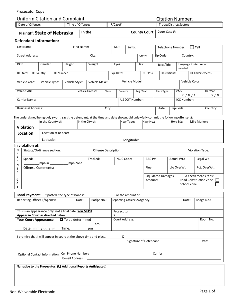 Form CH6ART14APP5L Uniform Citation and Complaint - Non-waiverable - Prosecutor Copy - Nebraska, Page 1