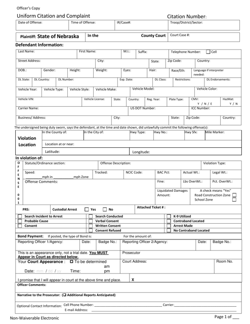 Form CH6ART14APP5K Uniform Citation and Complaint - Non-waiverable - Officer's Copy - Nebraska