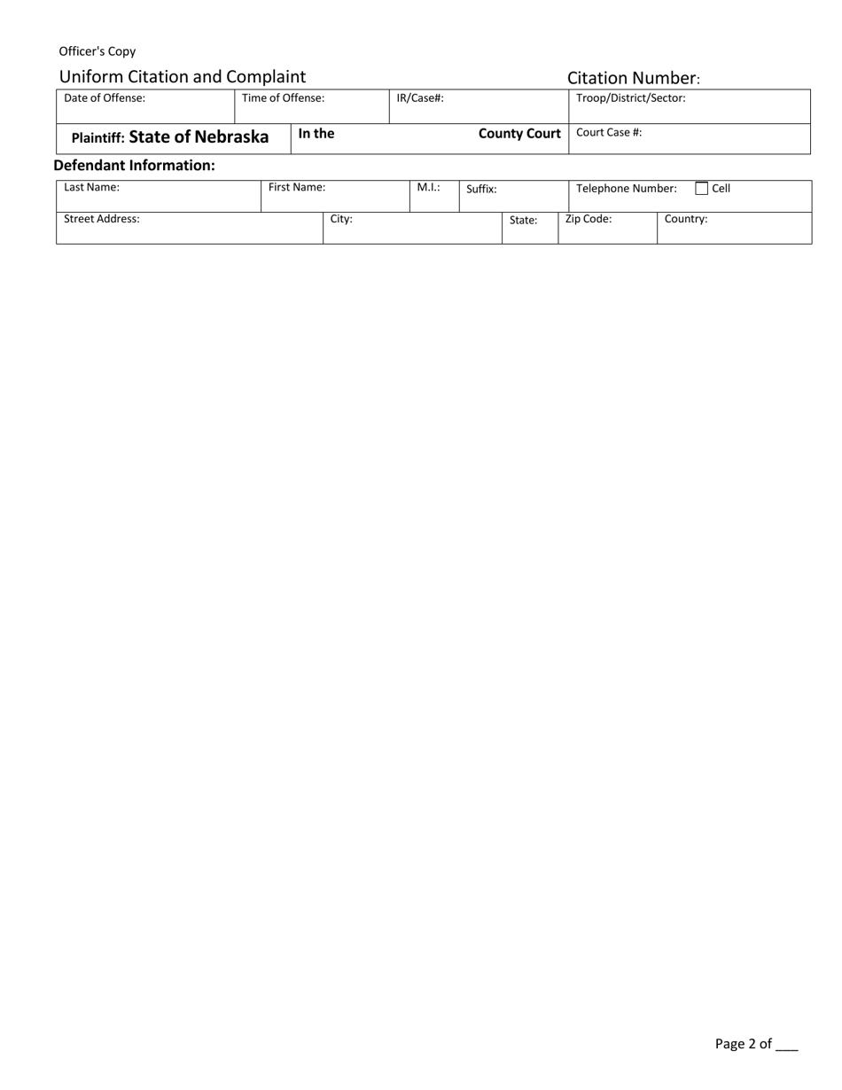 Form CH6ART14APP5K Uniform Citation and Complaint - Non-waiverable - Officers Copy - Nebraska, Page 2