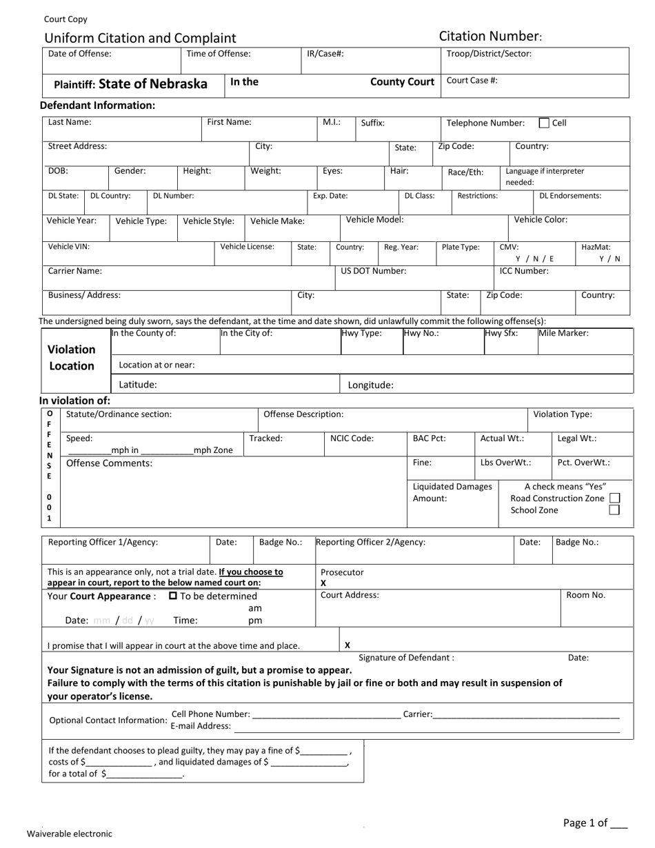 Form CH6ART14APP5F Uniform Citation and Complaint - Waiverable - Court Copy - Nebraska, Page 1