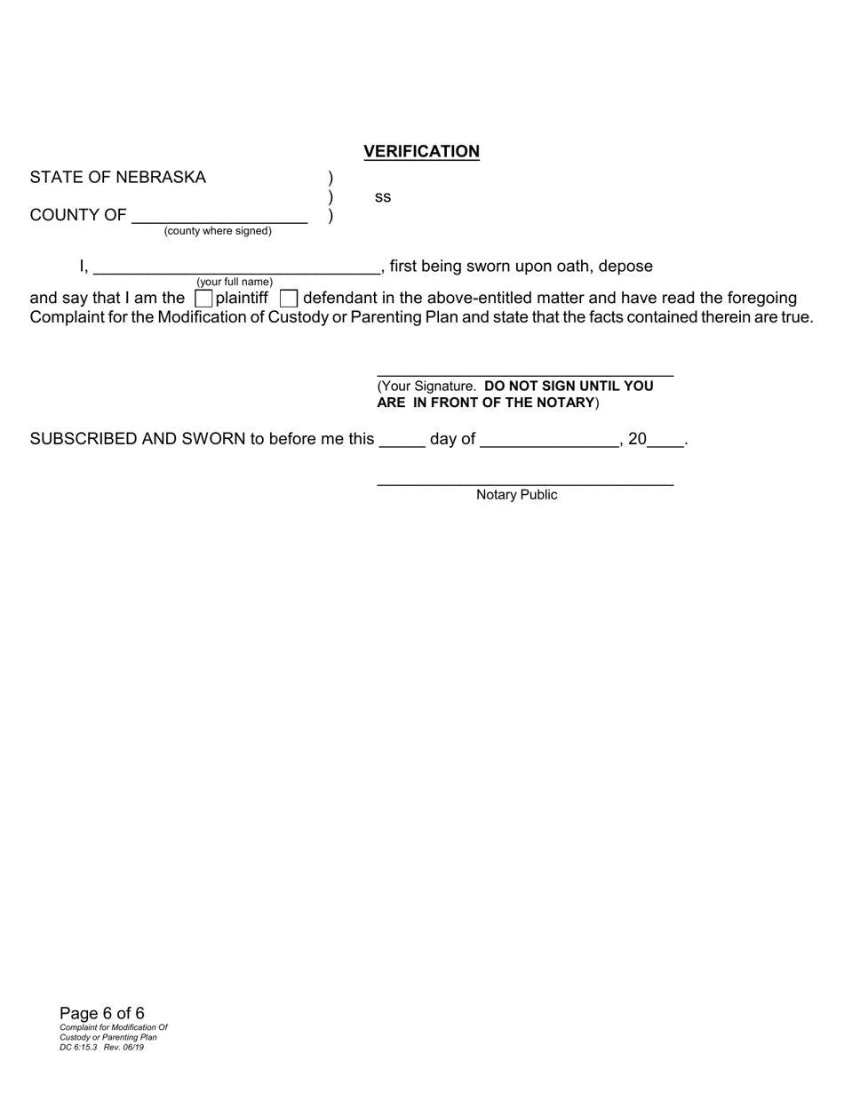Form DC6:15.3 Complaint for Modification of Custody or Parenting Plan - Nebraska, Page 6