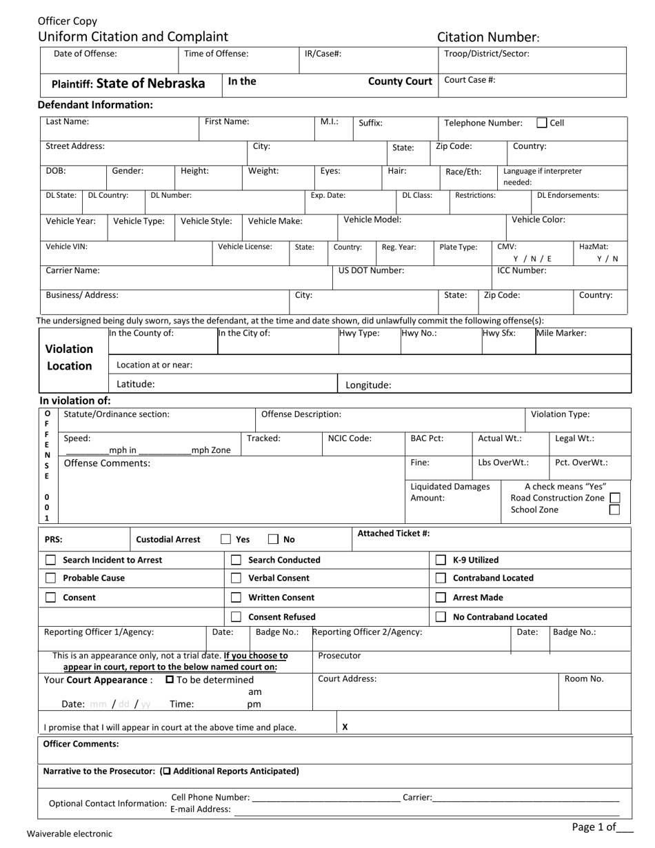Form CH6ART14APP5G Uniform Citation and Complaint - Waiverable - Officer Copy - Nebraska, Page 1