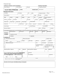 Form CH6ART14APP5H Uniform Citation and Complaint - Waiverable - Prosecutor Copy - Nebraska