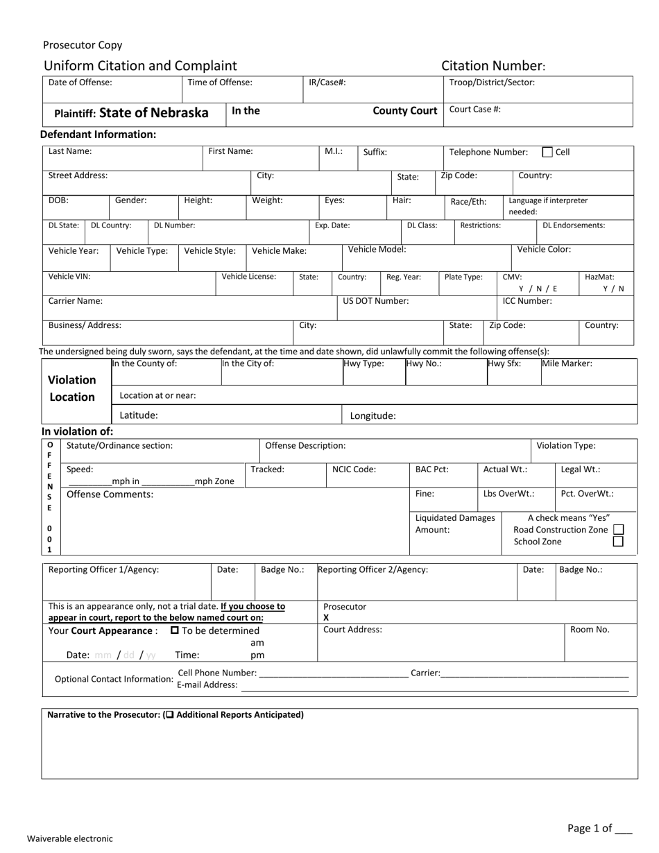 Form CH6ART14APP5H Uniform Citation and Complaint - Waiverable - Prosecutor Copy - Nebraska, Page 1