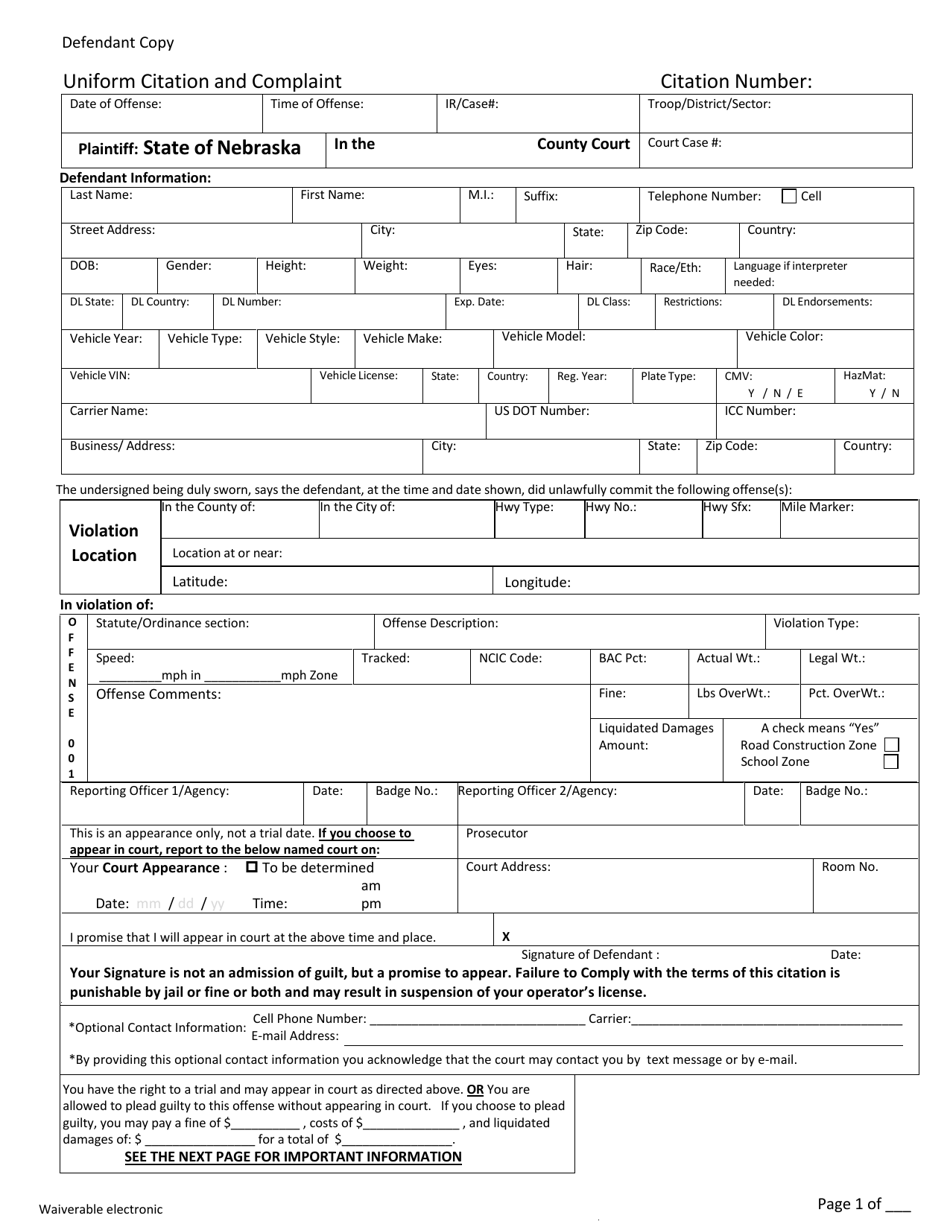 Form CH6ART14APP5I Uniform Citation and Complaint Form - Waiverable - Defendant Copy - Nebraska, Page 1