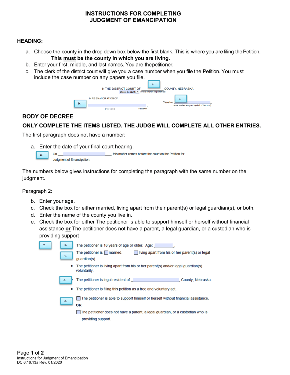 Instructions for Form DC6:16.13 Judgment of Emancipation - Nebraska, Page 1