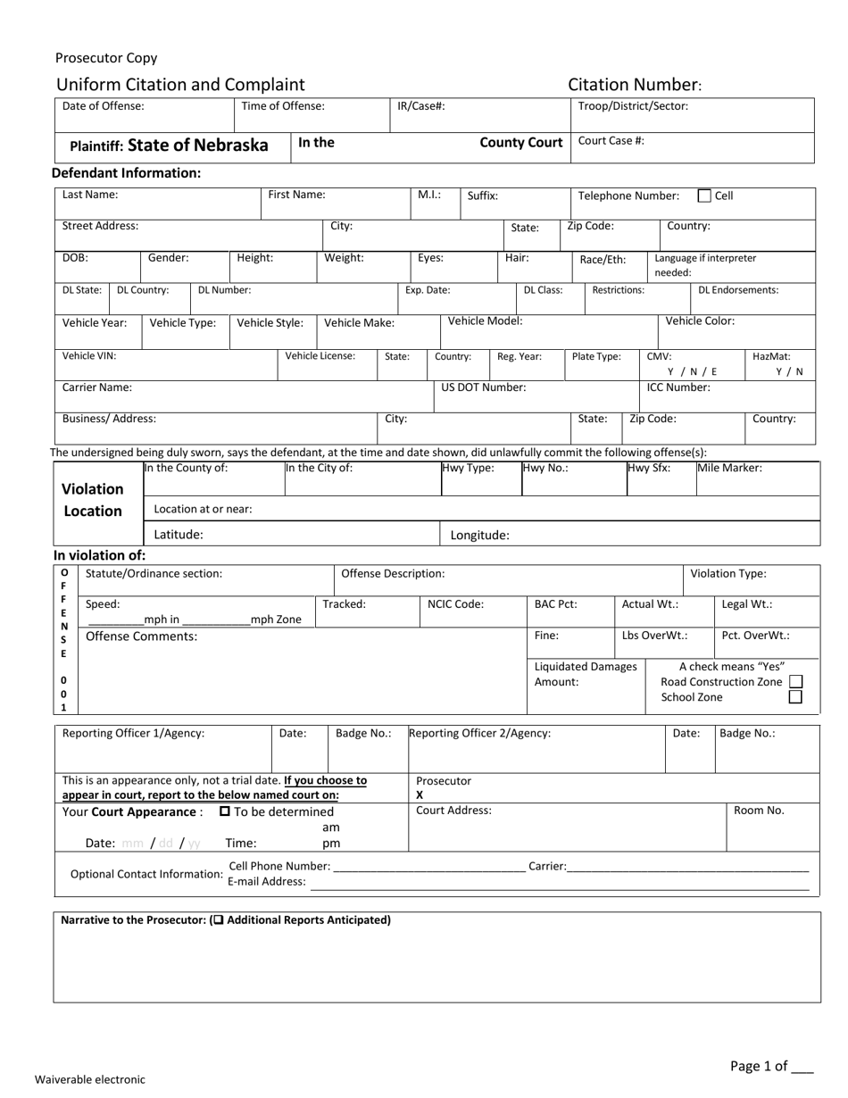 Form CH6ART14APP5F-5I Uniform Citation and Complaint - Waiverable - All Pages - Nebraska, Page 6