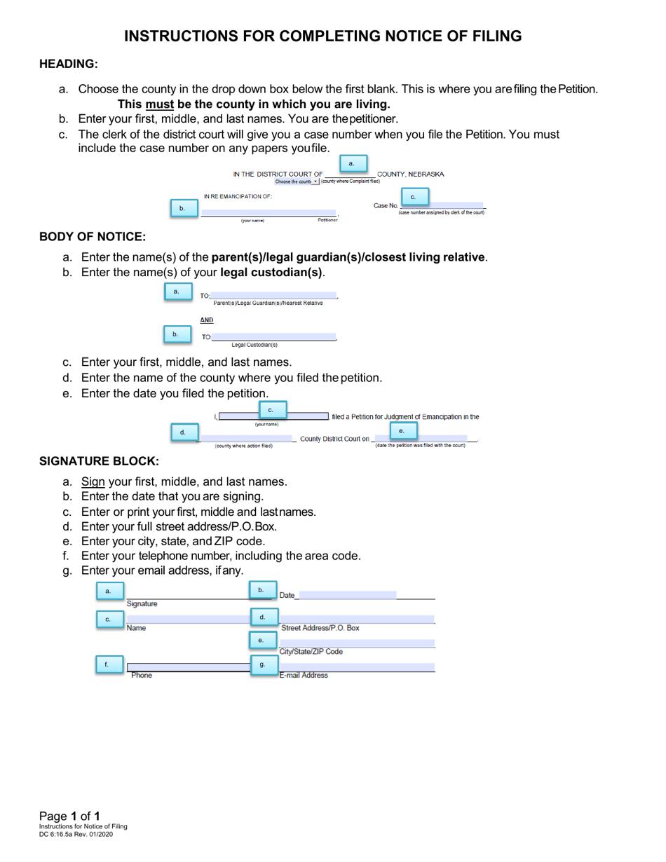 Instructions for Form DC6:16.5 Notice of Filing (Emancipation) - Nebraska, Page 1