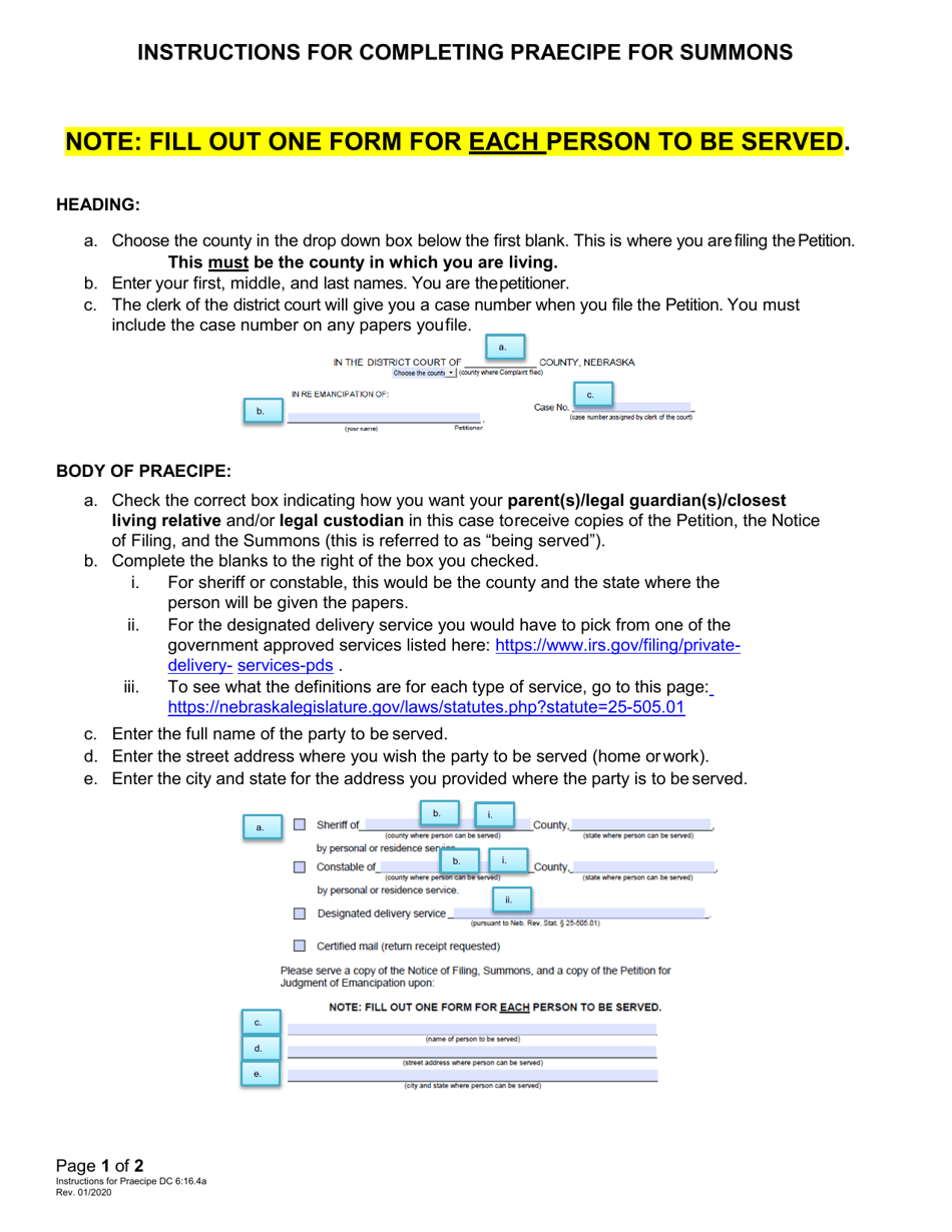 Instructions for Form DC6:16.4 Praecipe for Summons (Emancipation) - Nebraska, Page 1