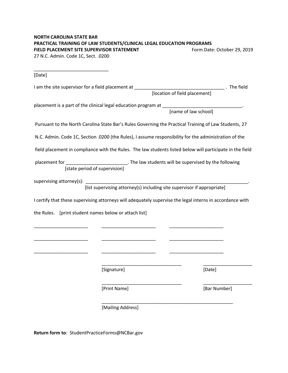 Practical Training of Law Students / Clinical Legal Education Programs Field Placement Site Supervisor Statement - North Carolina, Page 1
