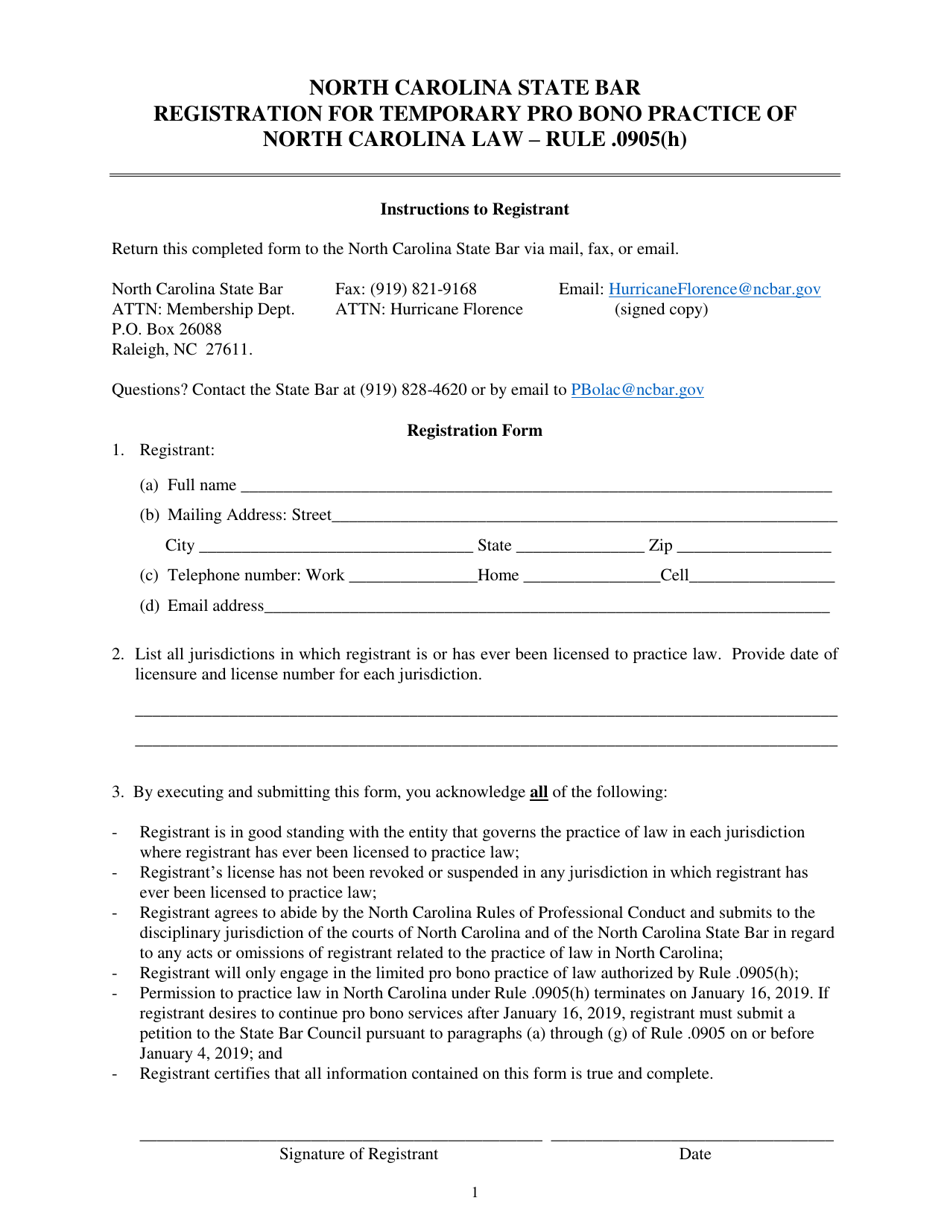 Registration for Temporary Pro Bono Practice of North Carolina Law - Rule .0905(H) - North Carolina, Page 1