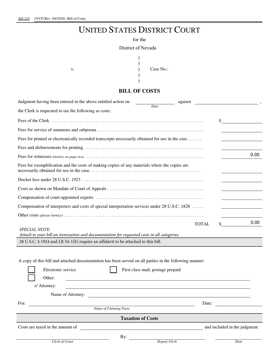 Form AO133 Bill of Costs - Nevada, Page 1