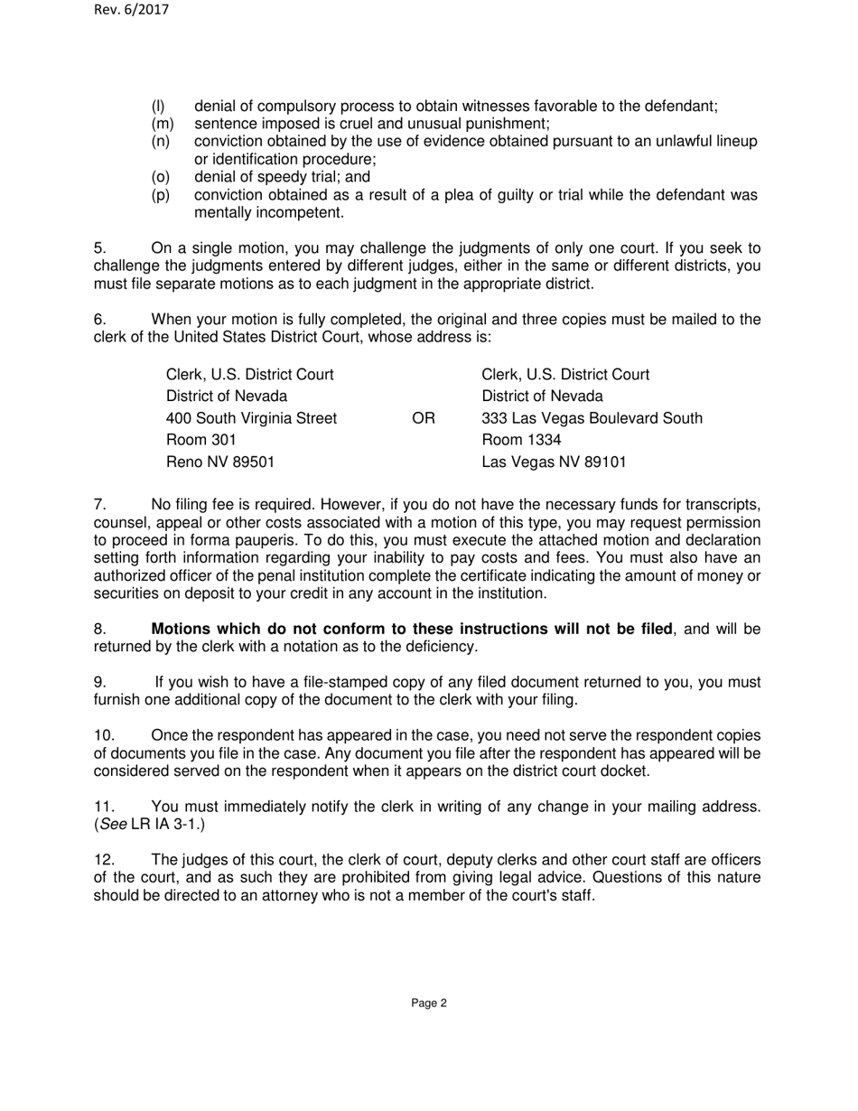 Motion Pursuant to 28 U.s.c. 2255 to Vacate, Set Aside or Correct Sentence by a Person in Federal Custody - Nevada, Page 2