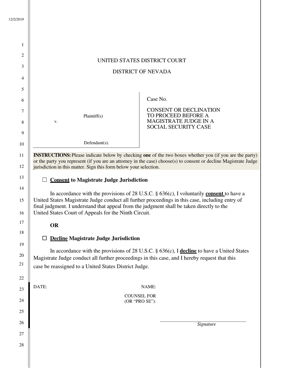 Consent or Declination to Proceed Before a Magistrate Judge in a Social Security Case - Nevada, Page 1