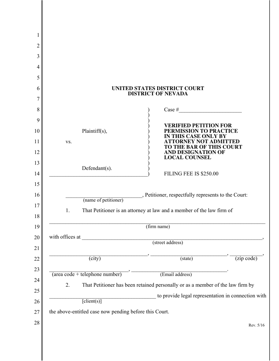 Verified Petition for Permission to Practice in This Case Only by Attorney Not Admitted to the Bar of This Court and Designation of Local Counsel - Nevada, Page 1