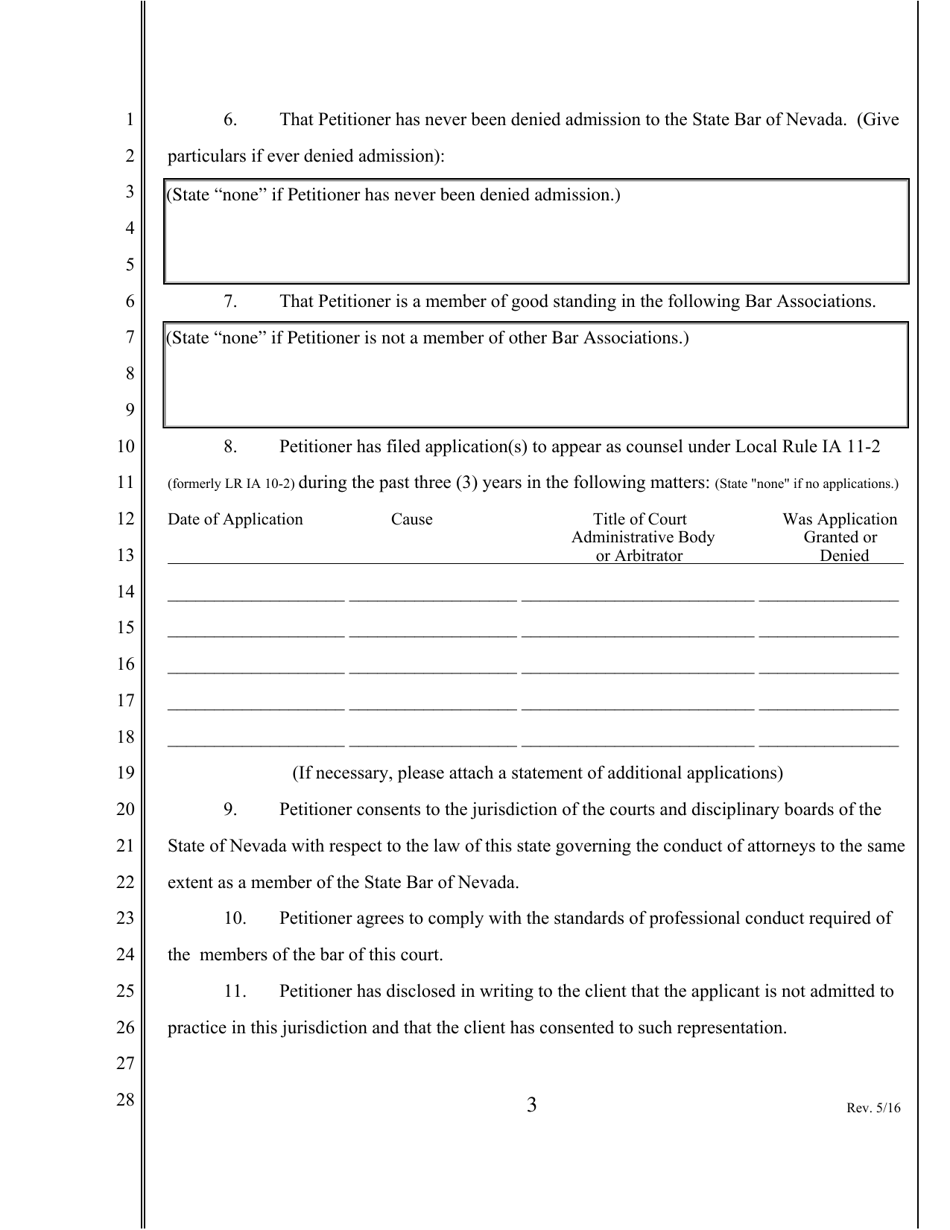 Verified Petition for Permission to Practice in This Case Only by Attorney Not Admitted to the Bar of This Court and Designation of Local Counsel - Nevada, Page 3
