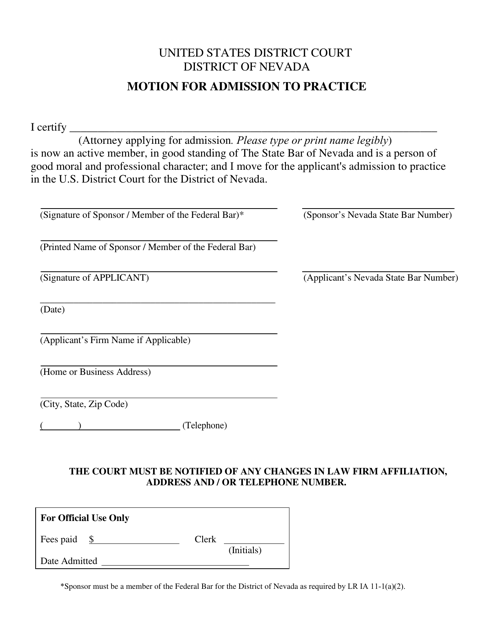 Motion for Admission to Practice - Nevada