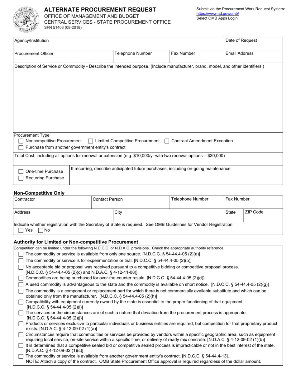 Form SFN51403 Alternate Procurement Request - North Dakota, Page 1