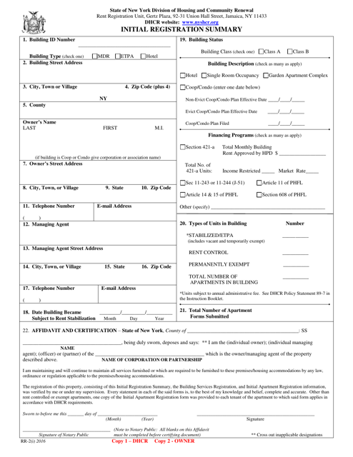 Form RR-2(I) Initial Registration Summary - New York