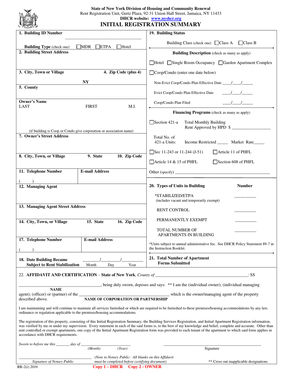 Form RR-2(I) Initial Registration Summary - New York, Page 1