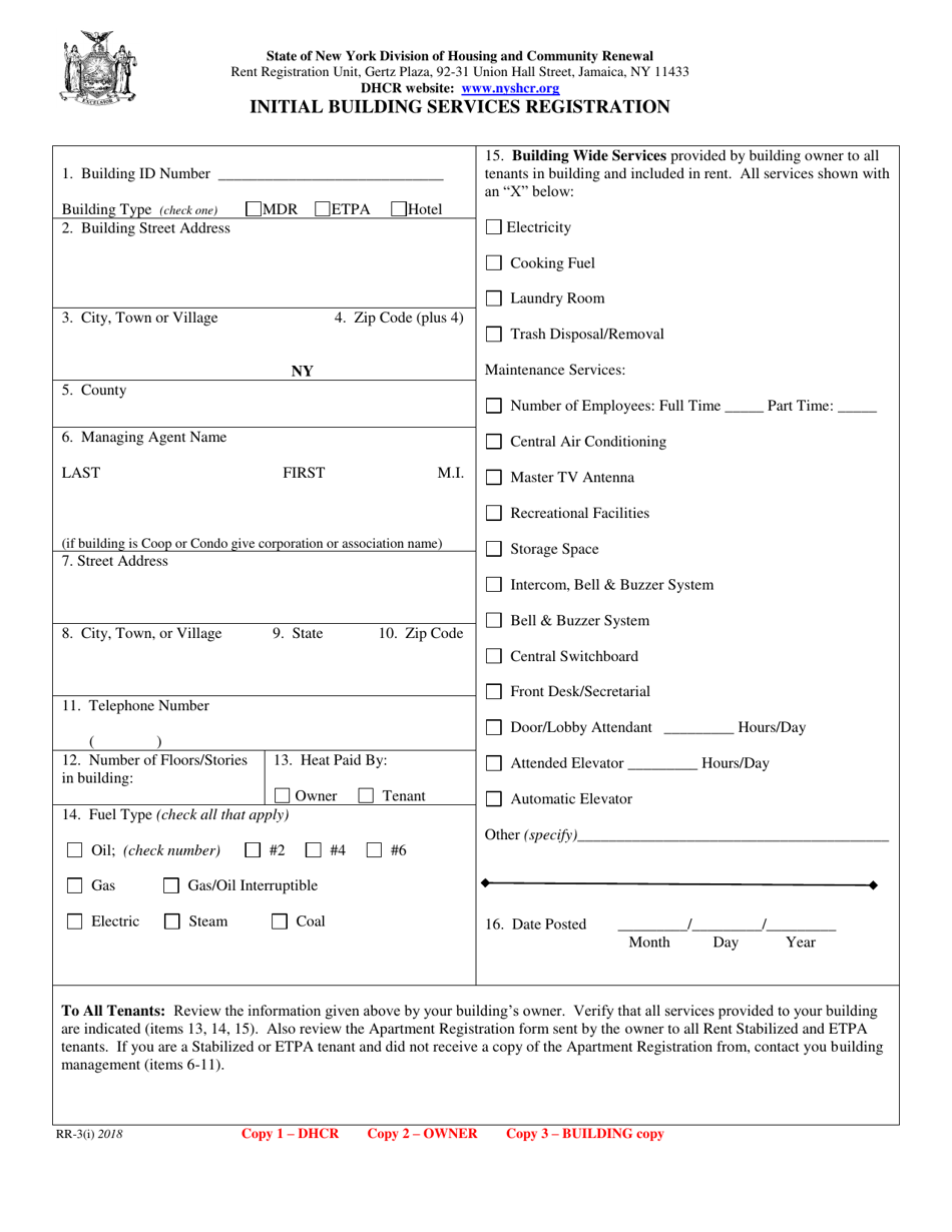 Form RR-3(I) Initial Building Services Registration - New York, Page 1