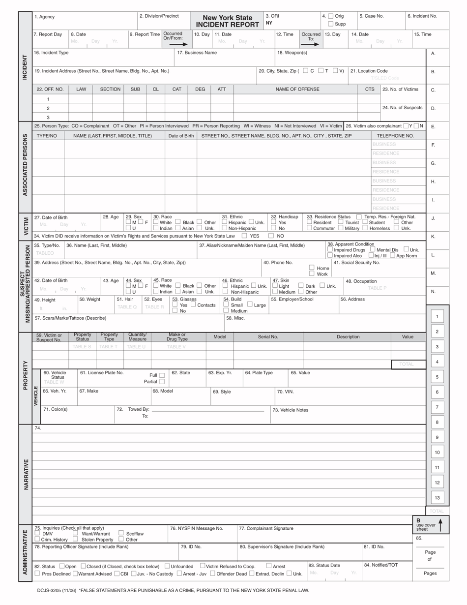 Form DCJS-3205 Incident Report - New York, Page 1