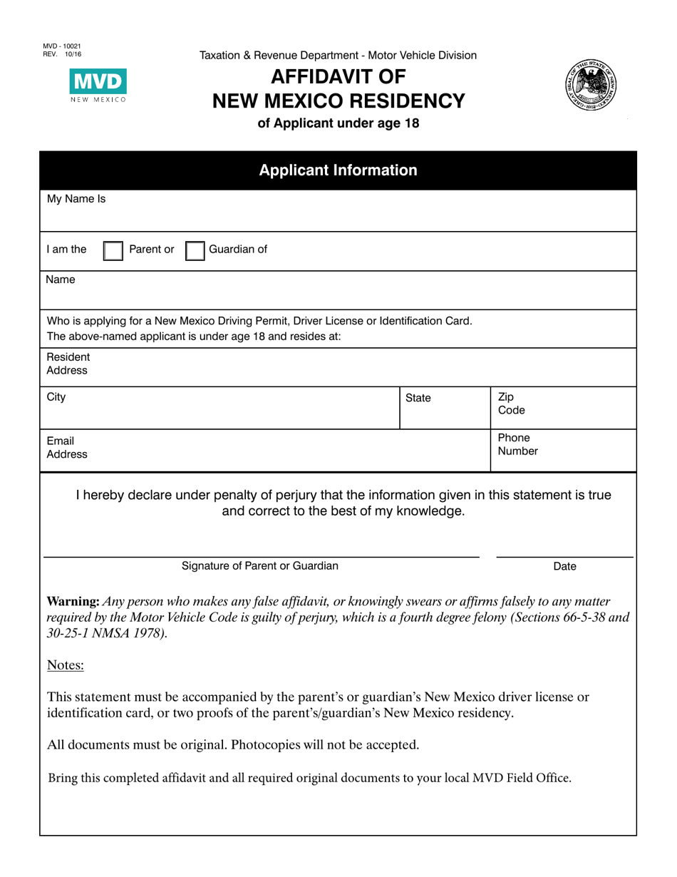 Form MVD-10021 Affidavit of New Mexico Residency of Applicant Under Age 18 - New Mexico, Page 1