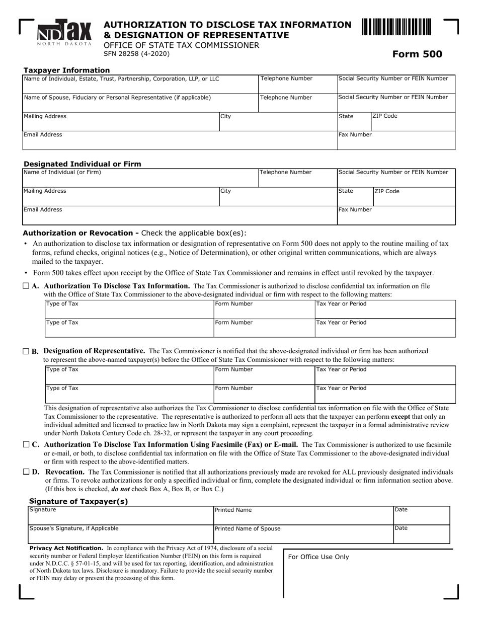 Form 500 (SFN28258) Authorization to Disclose Tax Information  Designation of Representative - North Dakota, Page 1
