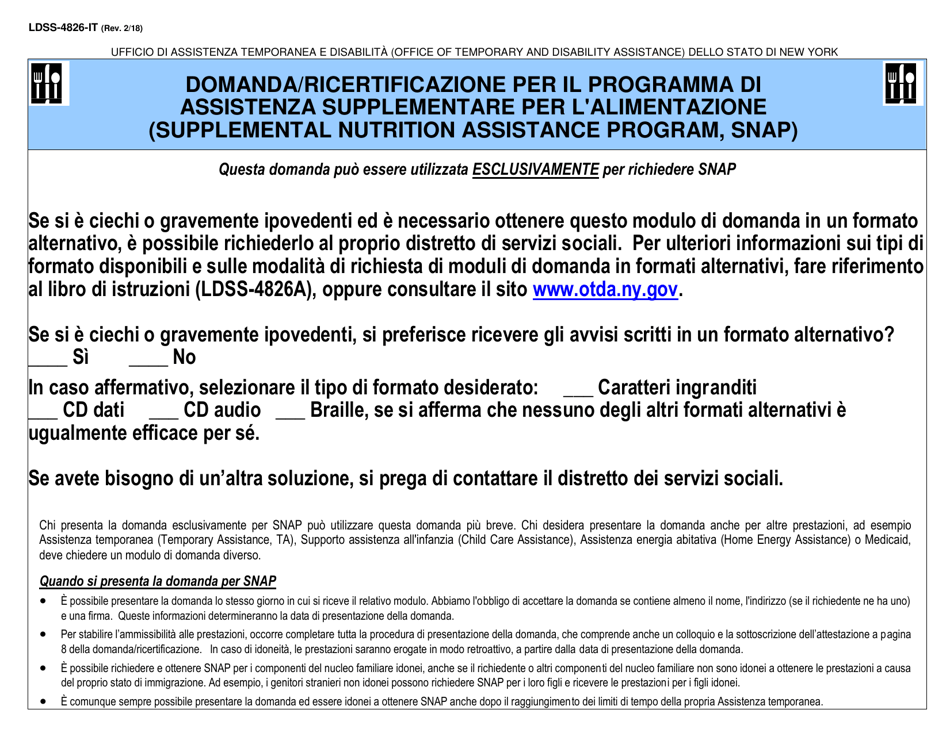 Form LDSS-4826 Supplemental Nutrition Assistance Program (Snap) Application / Recertification - New York (Italian), Page 1