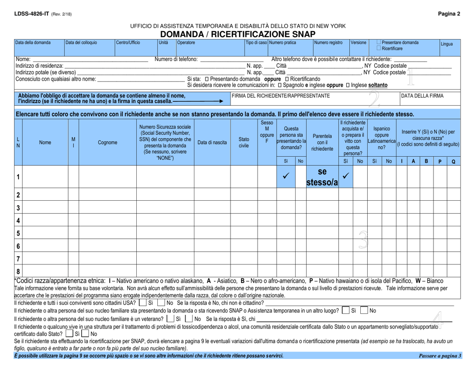 Form LDSS-4826 Supplemental Nutrition Assistance Program (Snap) Application / Recertification - New York (Italian), Page 3