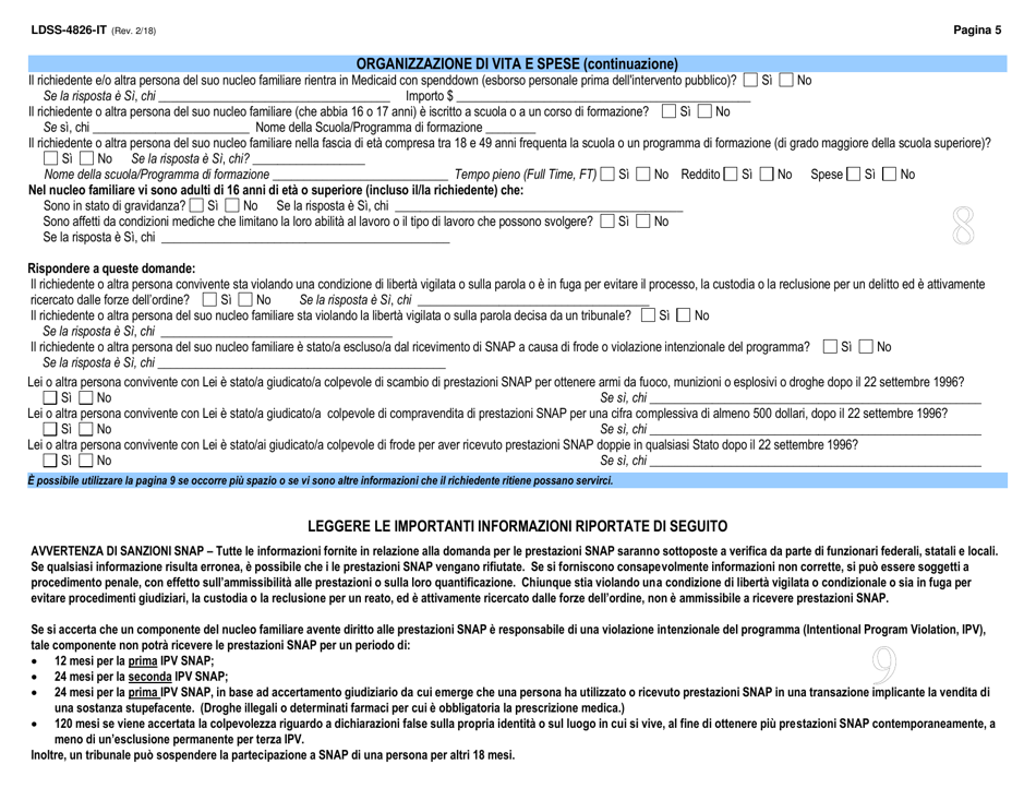 Form LDSS-4826 Supplemental Nutrition Assistance Program (Snap) Application / Recertification - New York (Italian), Page 6