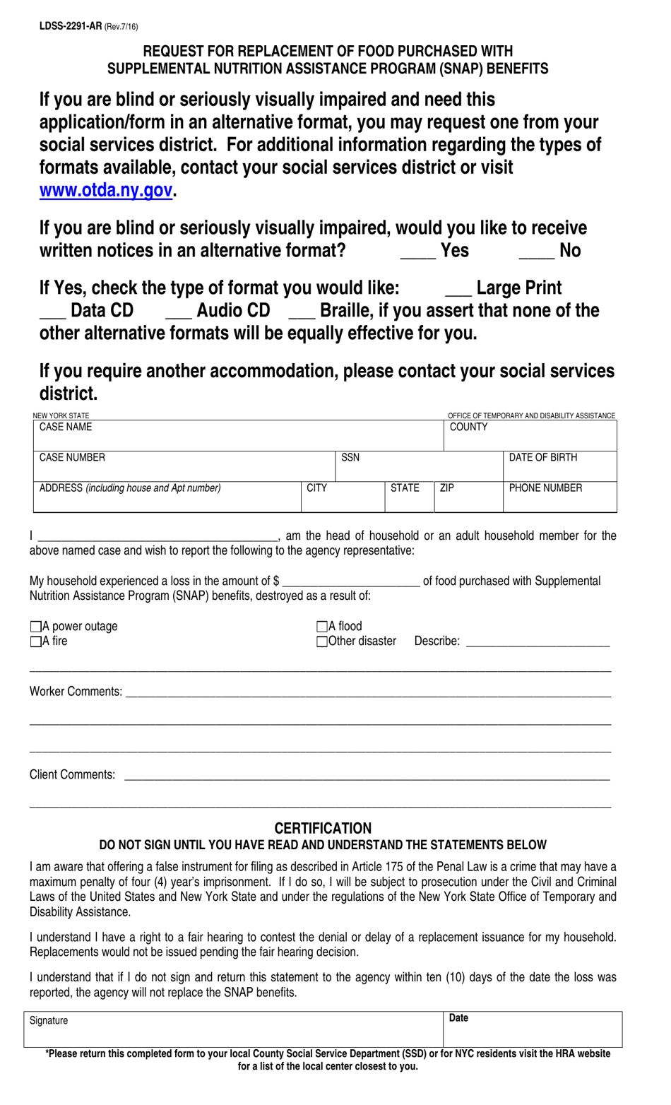 Form LDSS-2291 Request for Replacement of Food Purchased With Supplemental Nutrition Assistance Program (Snap) Benefits - New York (English / Arabic), Page 1