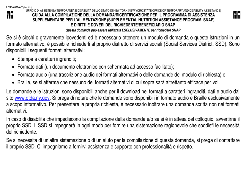 Instructions for Form LDSS-4826 Supplemental Nutrition Assistance Program (Snap) Application/Recertification - New York (Italian)