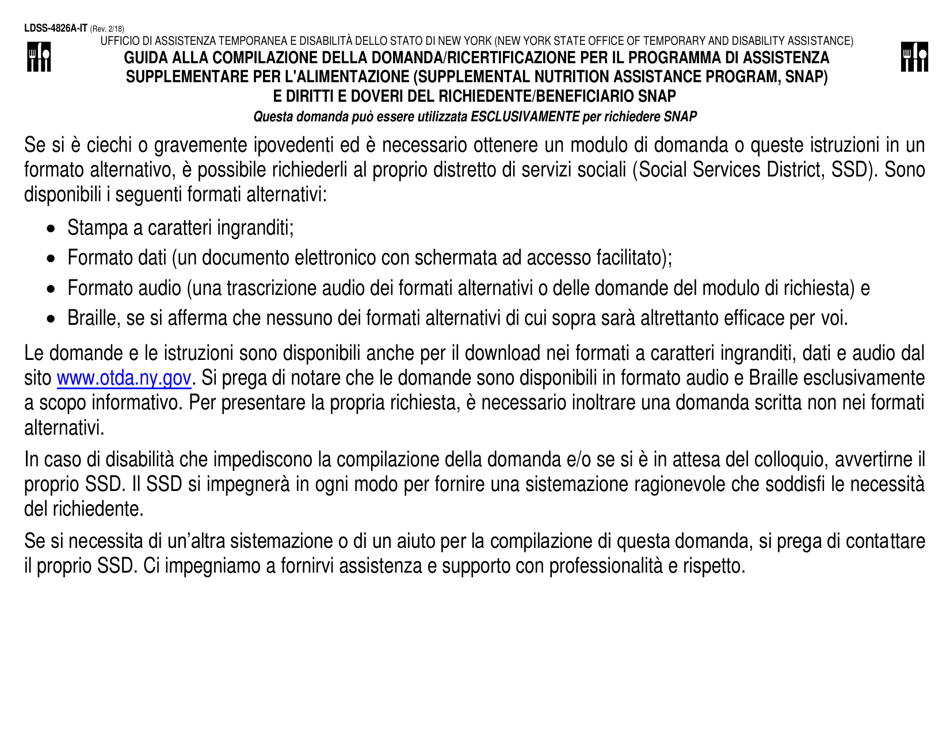 Instructions for Form LDSS-4826 Supplemental Nutrition Assistance Program (Snap) Application / Recertification - New York (Italian), Page 1
