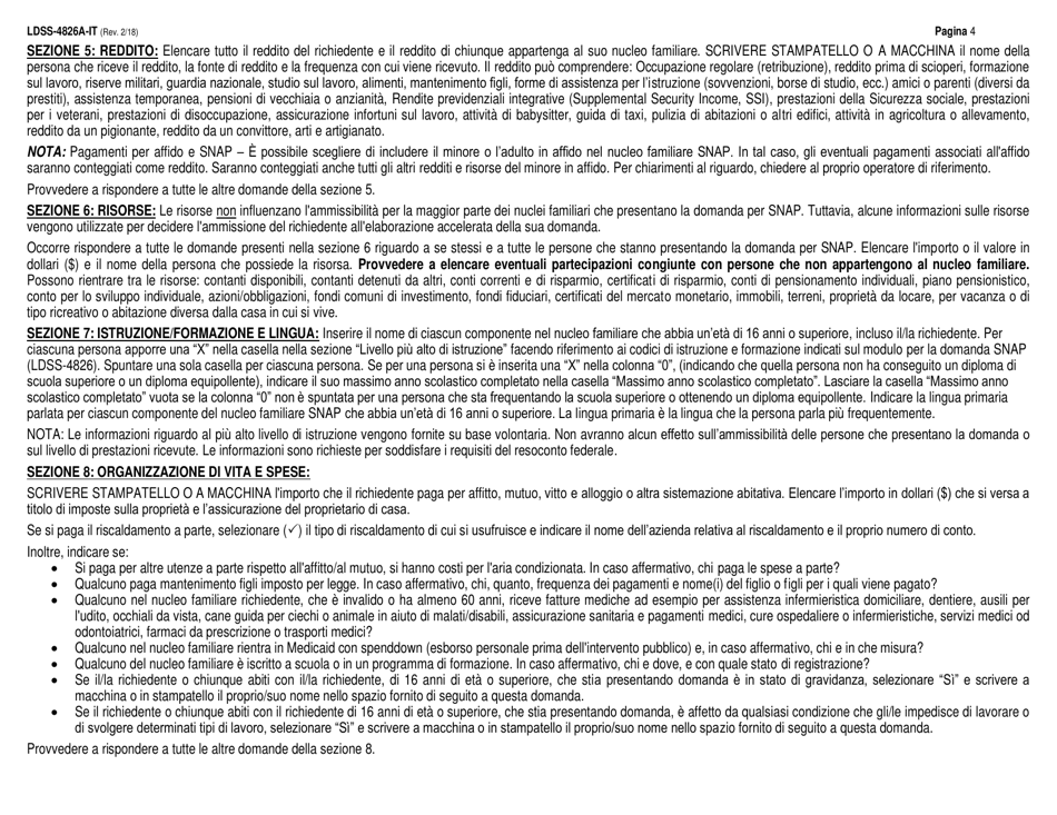 Instructions for Form LDSS-4826 Supplemental Nutrition Assistance Program (Snap) Application / Recertification - New York (Italian), Page 4