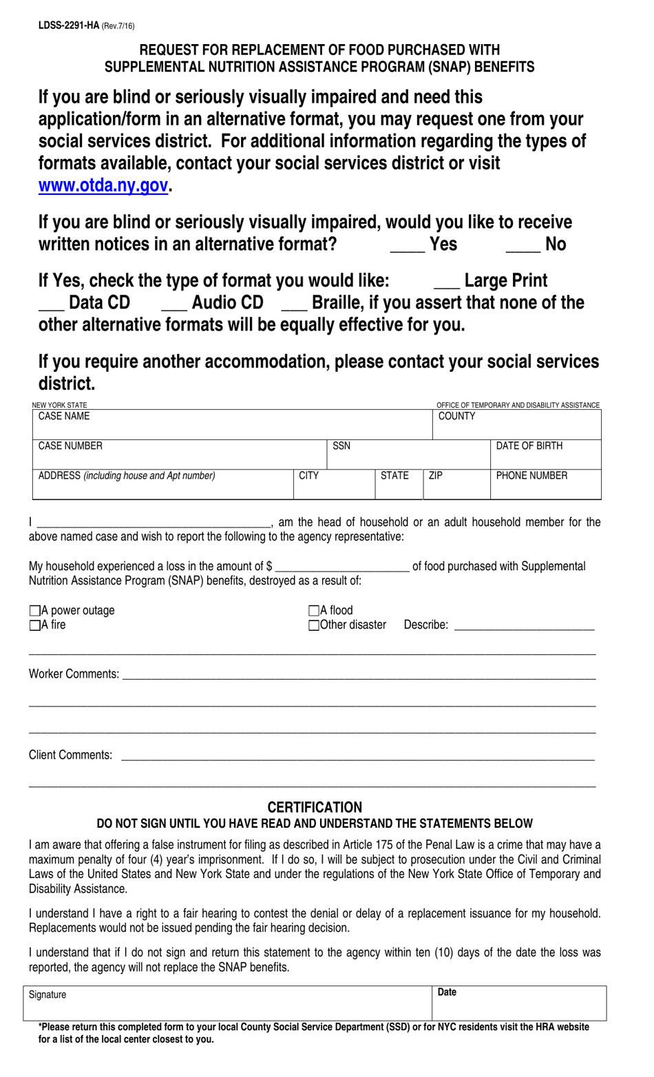 Form LDSS-2291 Request for Replacement of Food Purchased With Supplemental Nutrition Assistance Program (Snap) Benefits - New York (English / Haitian Creole), Page 1