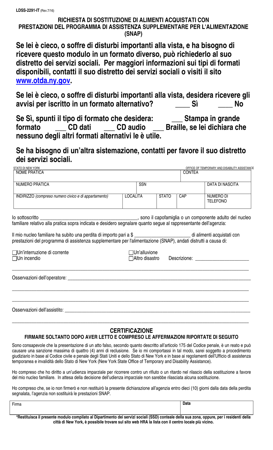 Form LDSS-2291 Request for Replacement of Food Purchased With Supplemental Nutrition Assistance Program (Snap) Benefits - New York (English / Italian), Page 2