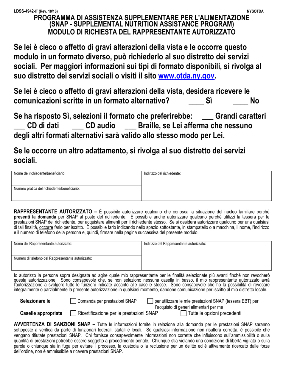 Form LDSS-4942 Supplemental Nutrition Assistance Program (Snap) Authorized Representative Request Form - New York (Italian), Page 1