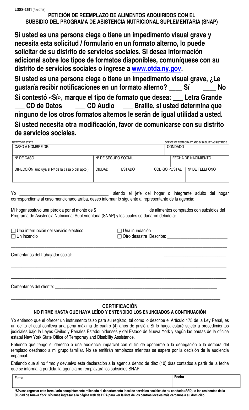 Form LDSS-2291 Request for Replacement of Food Purchased With Supplemental Nutrition Assistance Program (Snap) Benefits - New York (English / Spanish), Page 2