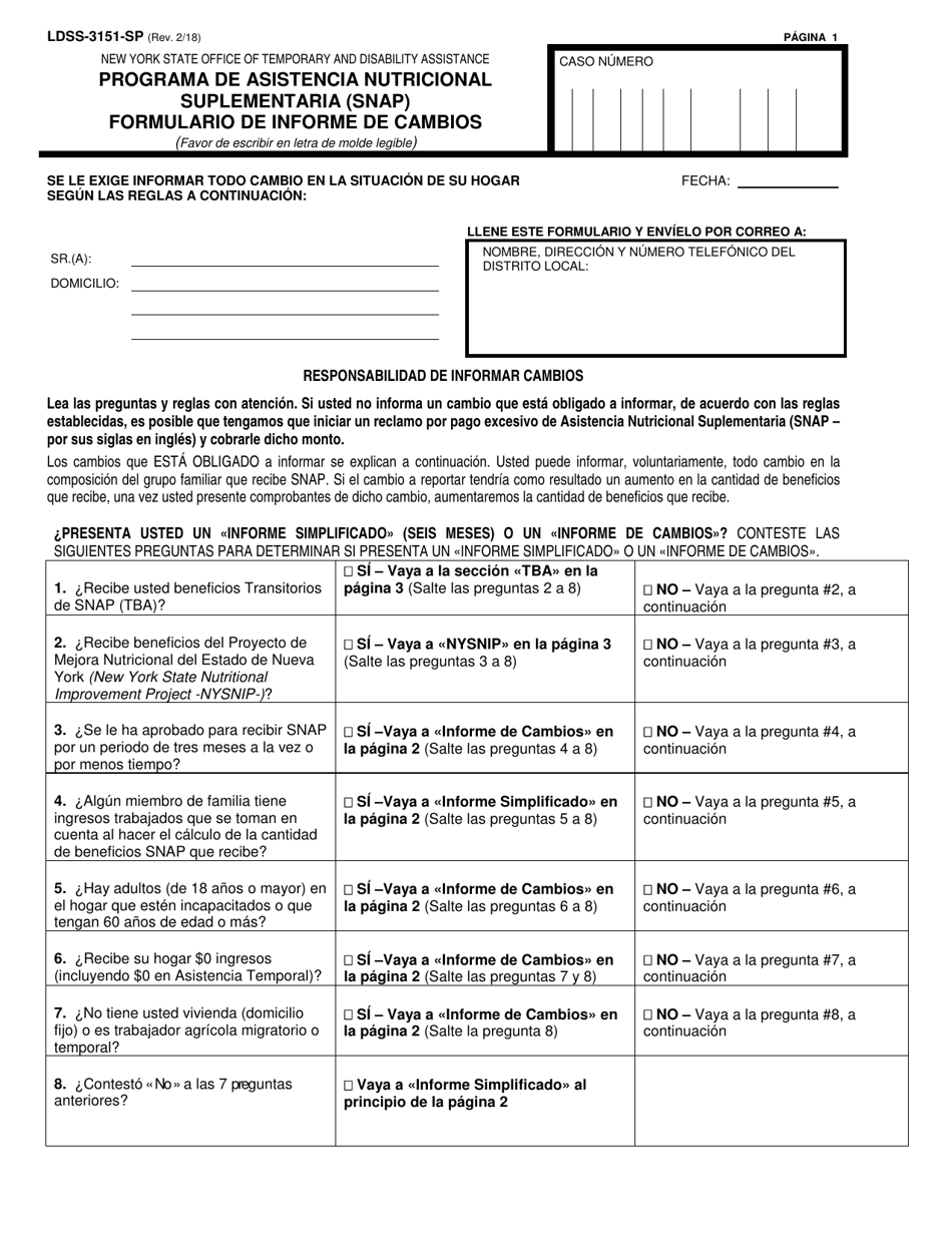 Formulario LDSS-3151 Programa De Asistencia Nutricional Suplementaria (Snap) Formulario De Informe De Cambios - New York (Spanish), Page 1