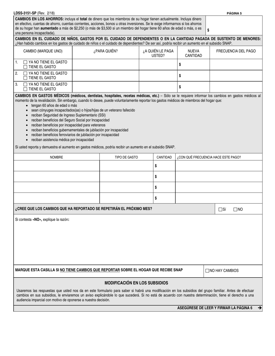 Formulario LDSS-3151 Programa De Asistencia Nutricional Suplementaria (Snap) Formulario De Informe De Cambios - New York (Spanish), Page 5