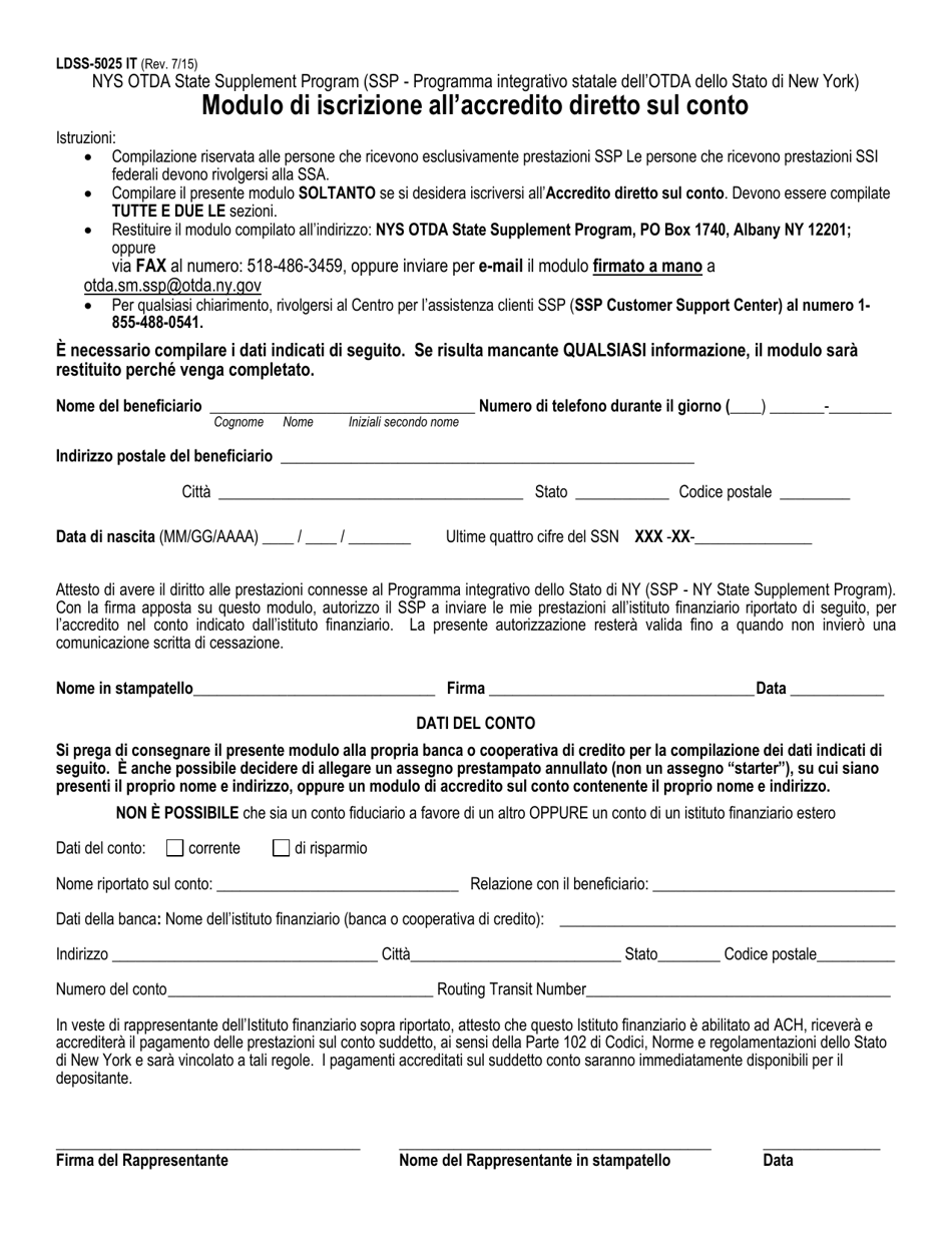 Form LDSS-5025 Direct Deposit Enrollment Form - New York (Italian), Page 1