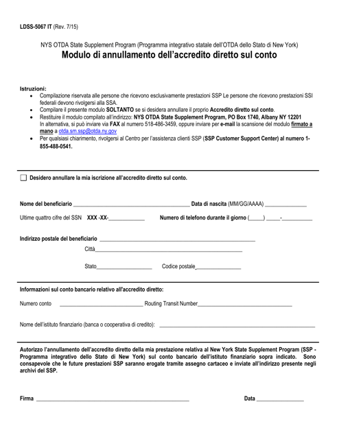 Form LDSS-5067 Direct Deposit Cancellation Form - New York (Italian)