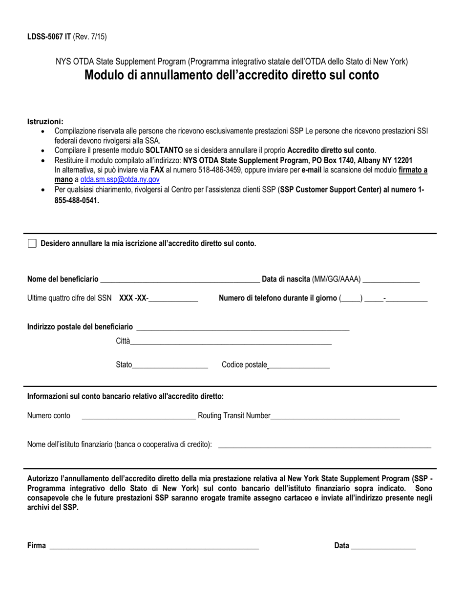 Form LDSS-5067 Direct Deposit Cancellation Form - New York (Italian), Page 1