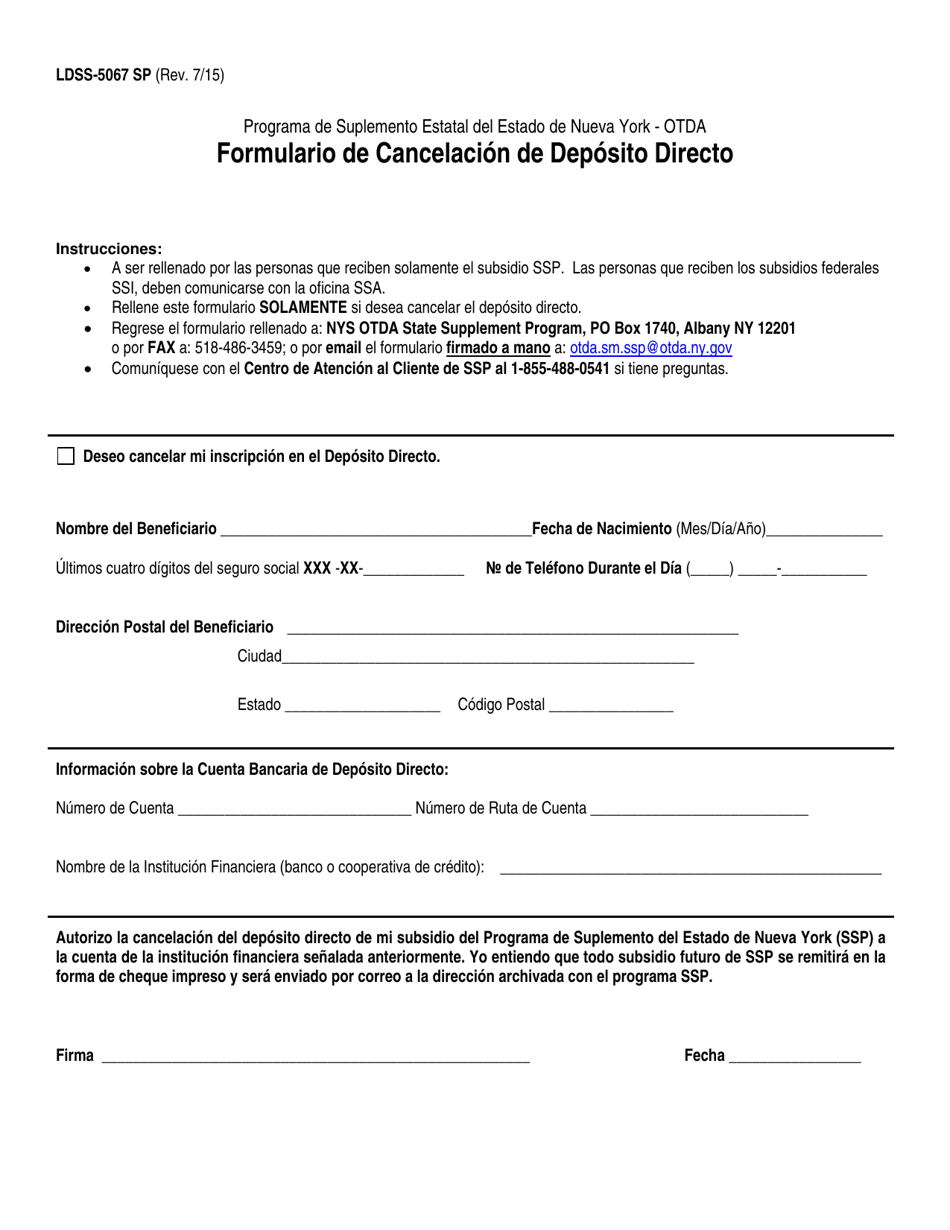 Formulario LDSS-5067 Formulario De Cancelacion De Deposito Directo - New York (Spanish), Page 1