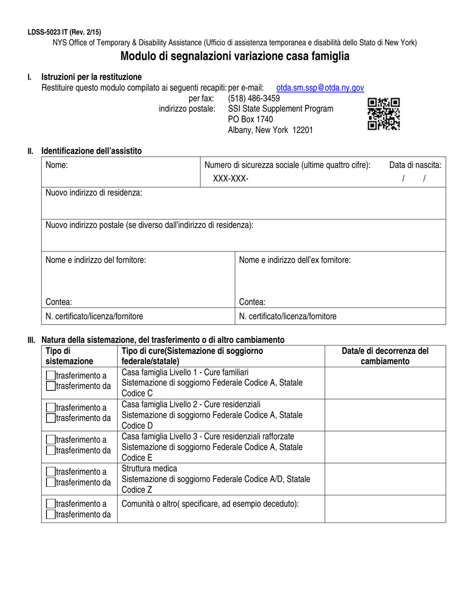Form LDSS-5023 Congregate Care Change Report Form - New York (Italian), Page 1