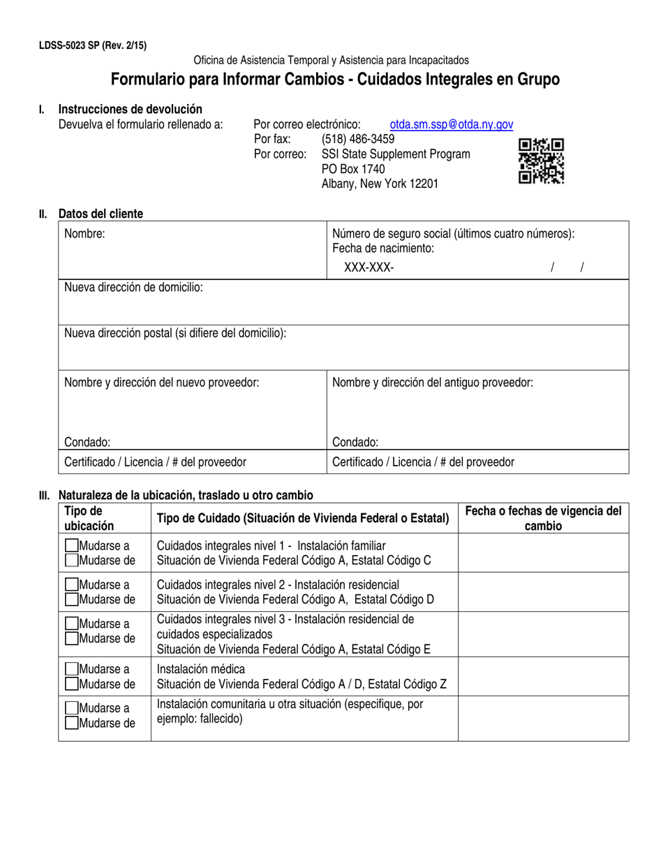 Formulario LDSS-5023 Formulario Para Informar Cambios - Cuidados Integrales En Grupo - New York (Spanish), Page 1
