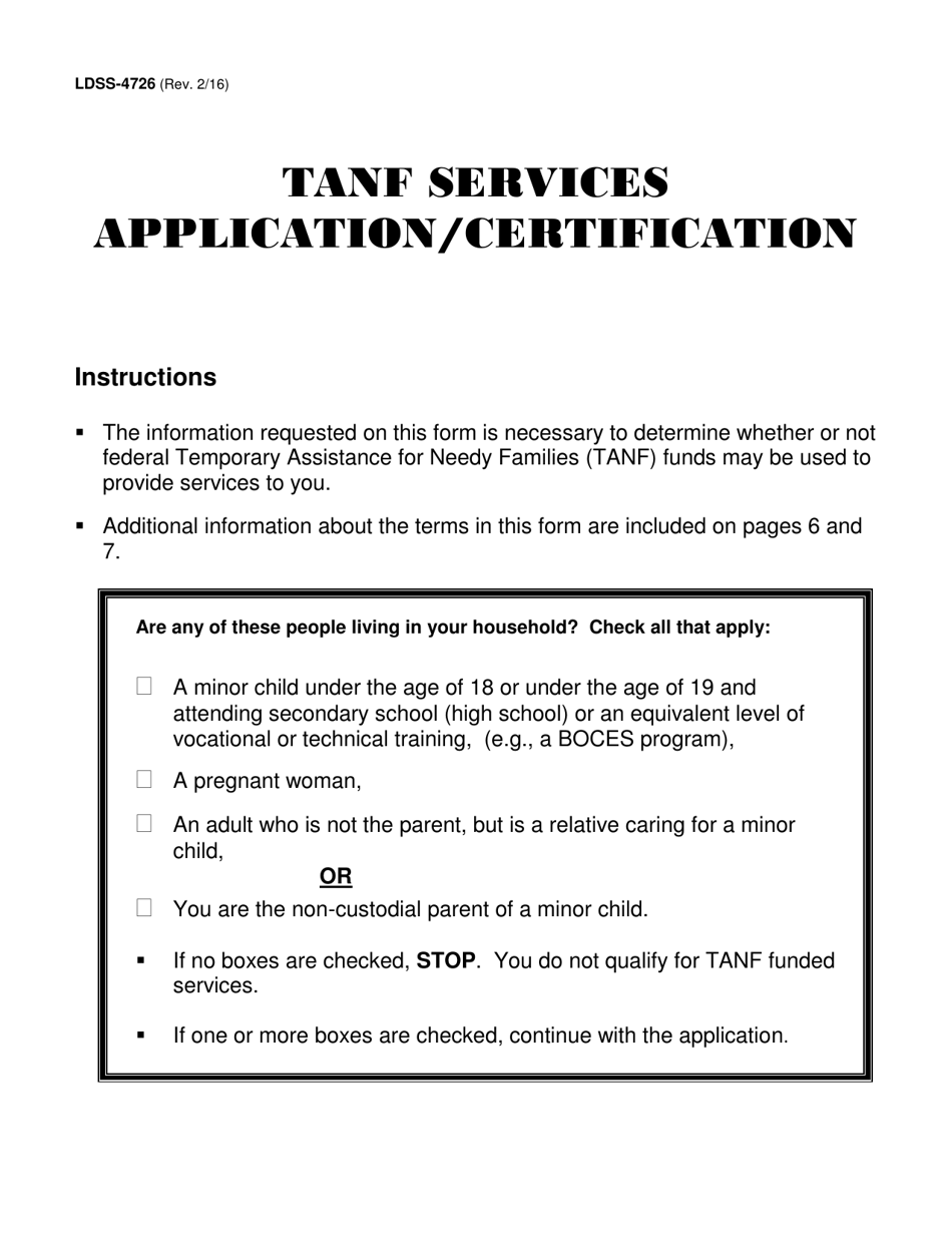 Form LDSS-4726 TANF Services Application / Certification - New York, Page 1