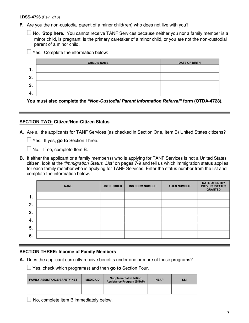 Form LDSS-4726 TANF Services Application / Certification - New York, Page 3